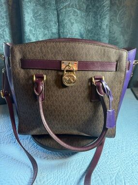 Michael Kors Brown and Purple Signature Tote with Gold Hardware 12x11